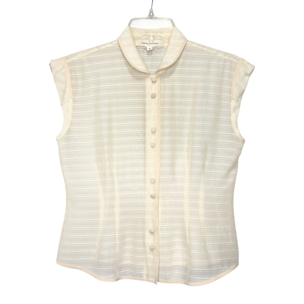 Marc Jacobs Women 2 Cream Striped Silk Sleeveless Blouse Peter Pan Collar Snaps